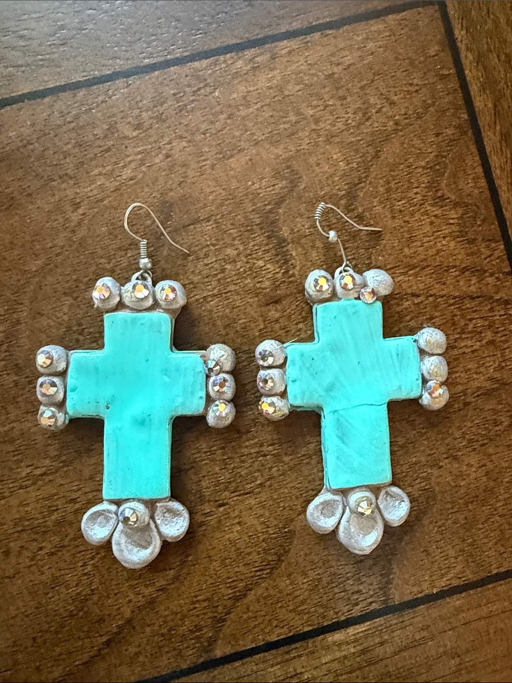 Turquoise Cross Dangle Earrings with Silver Accents